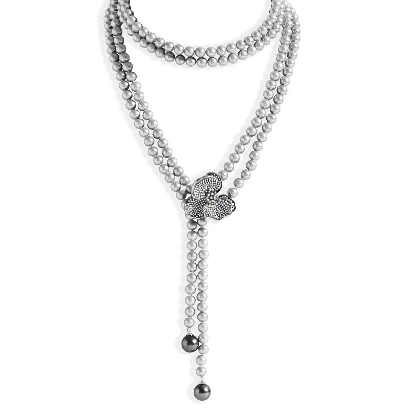 Beautiful necklaces and pendants with moon and star charms for a dreamy effect-Orchid Lariat Necklace with Pearls and Diamonds