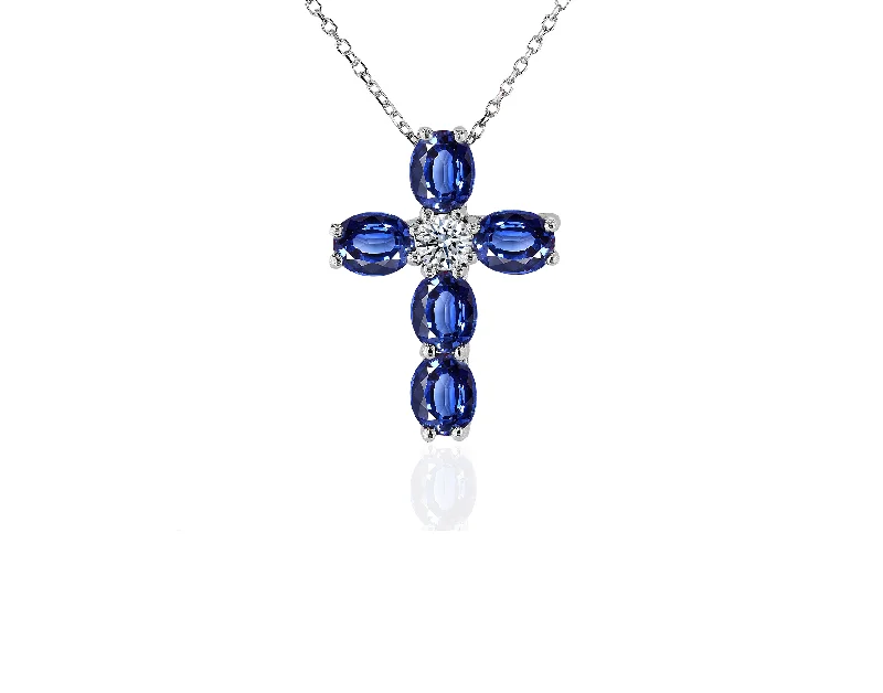 Necklaces and pendants with geometric pendants for a clean, contemporary design-Sabel Collection White Gold Oval Sapphire and Diamond Cross Necklace