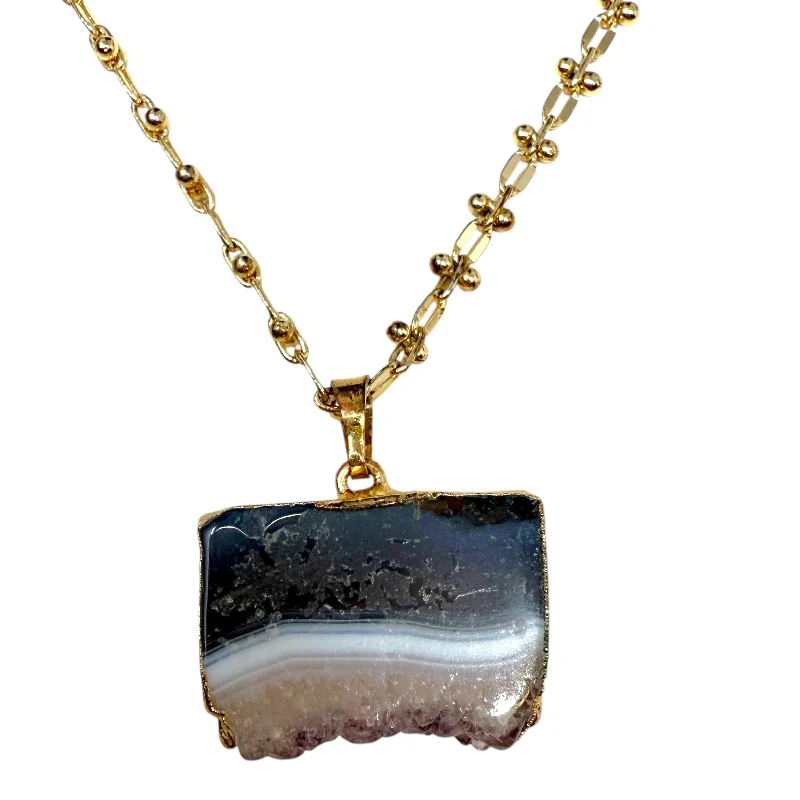 Fashionable necklaces and pendants with birthstones for a personalized gift idea-Slice Druzy Amethyst Stalactite Gold Pendant Necklace By Unbranded